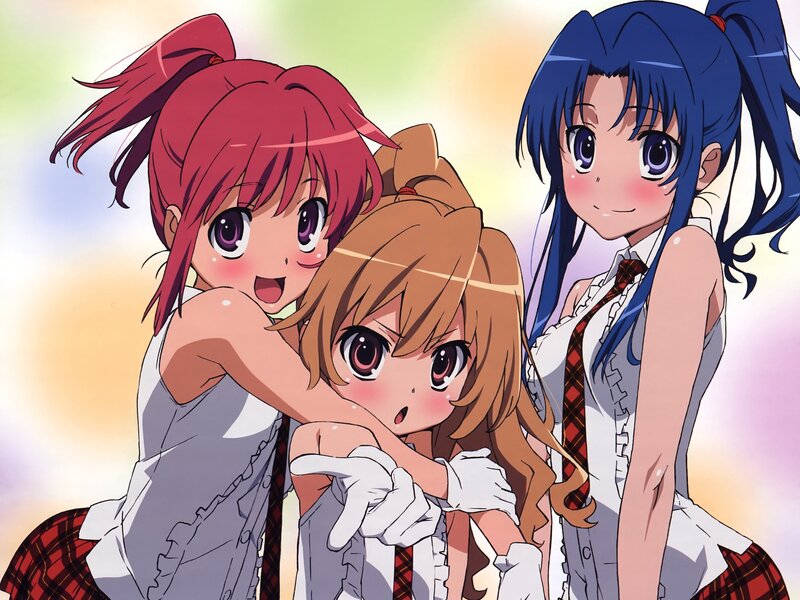 Three anime girls in school uniforms