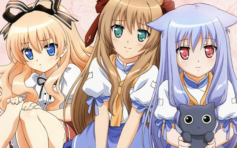 three anime girls in school uniforms
