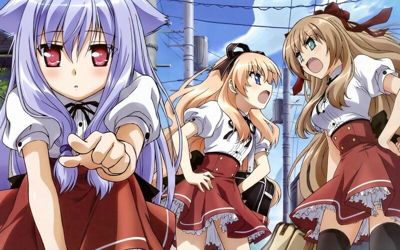 three anime girls in school uniforms