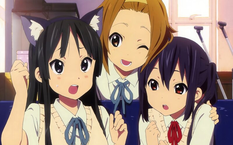 Three anime girls in school uniforms