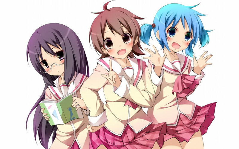 three anime girls in school uniforms