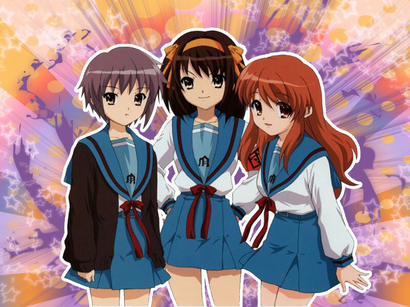 three anime girls in school uniforms