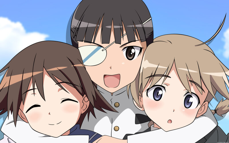 Three anime girls in school uniforms