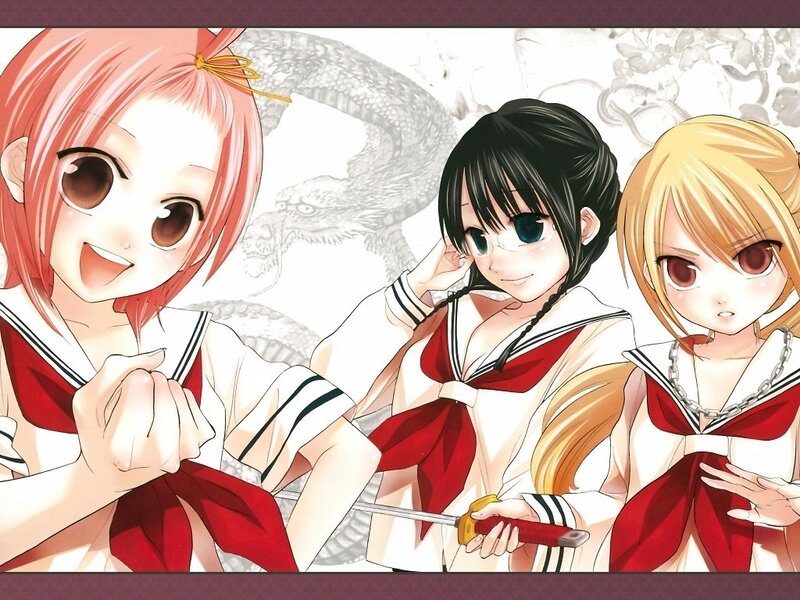 Three anime girls in school uniforms