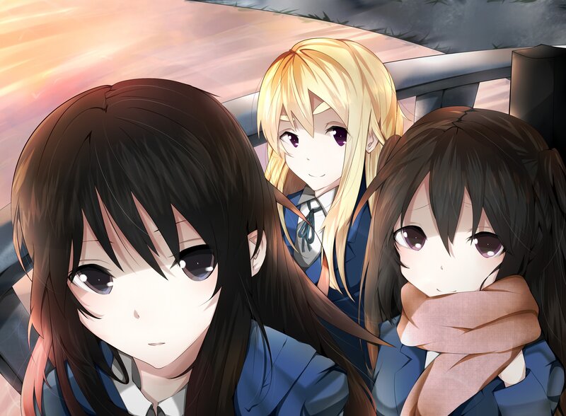 three anime girls in school uniforms