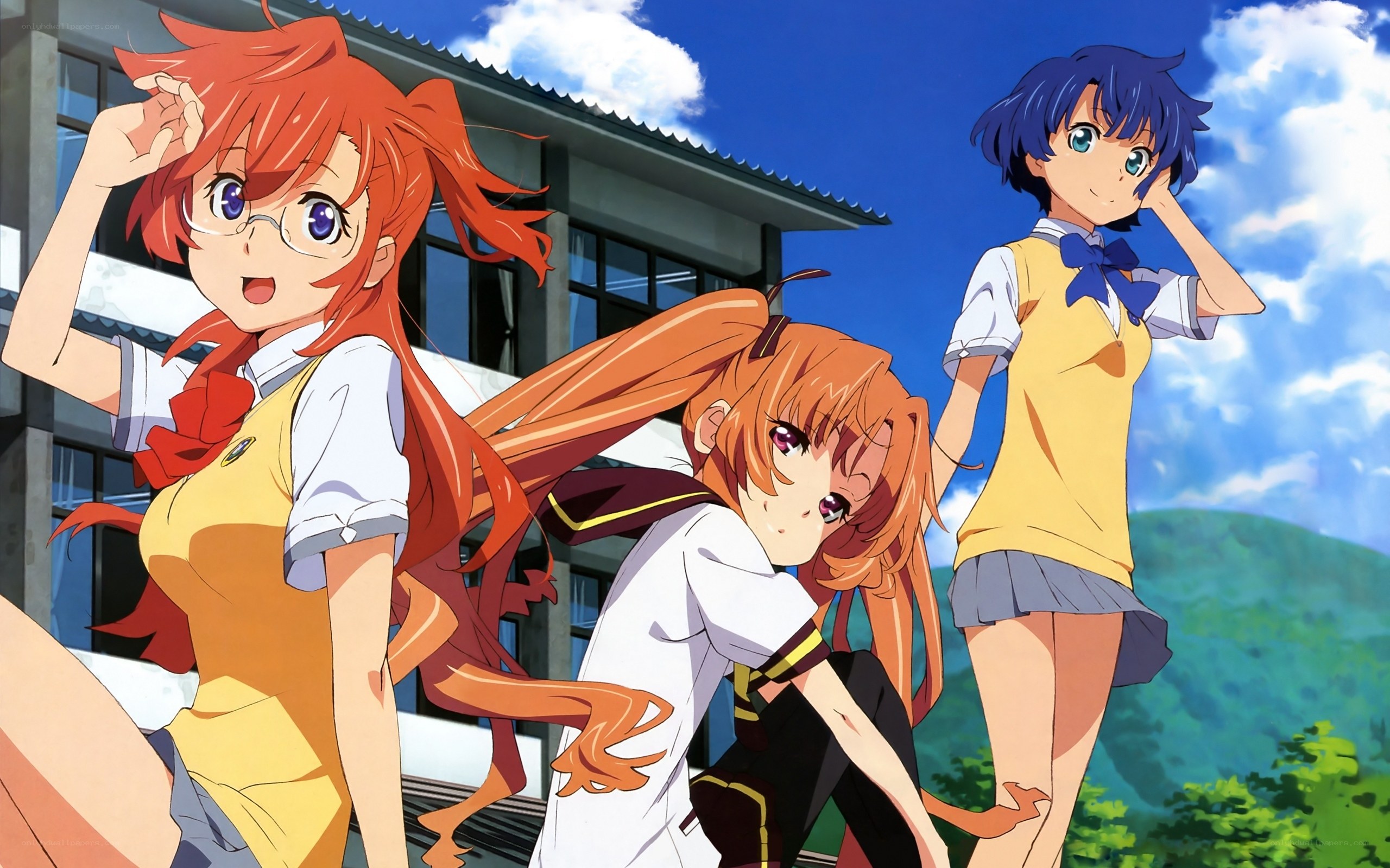 three anime girls in school uniforms