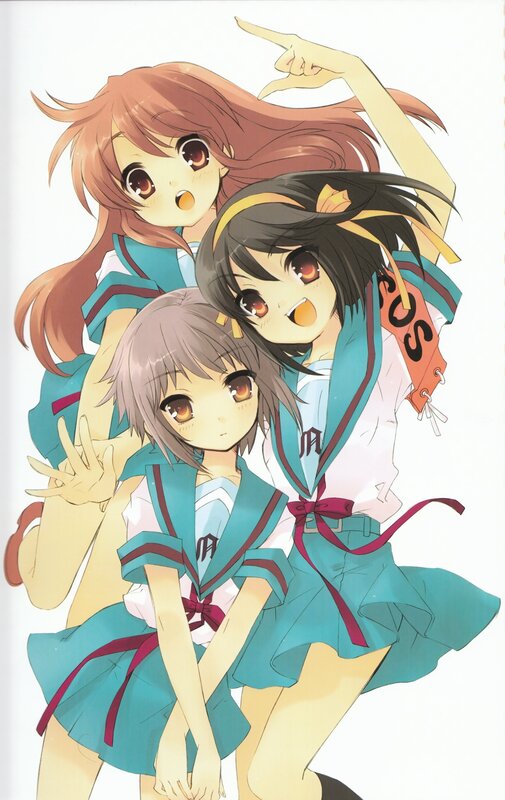 three anime girls in school uniforms