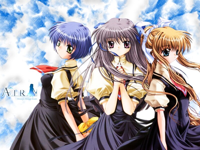 three anime girls in school uniforms