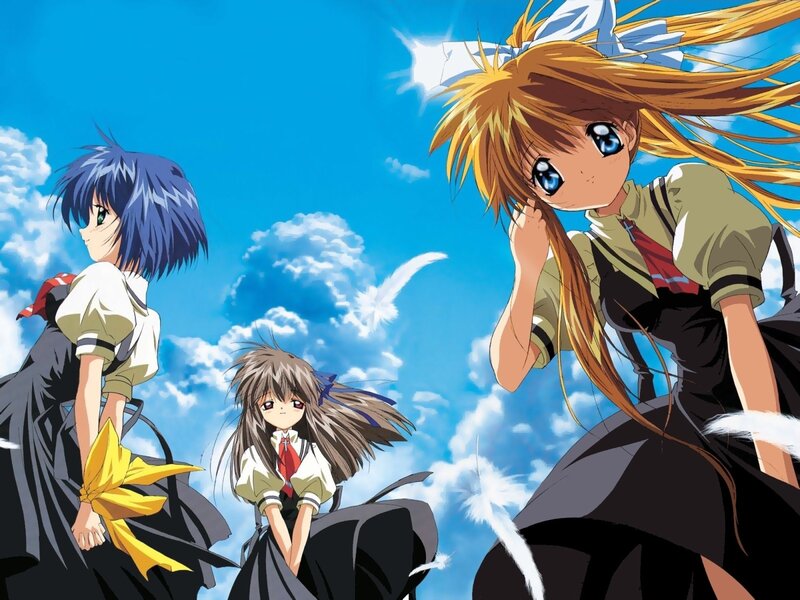 Three anime girls in school uniforms
