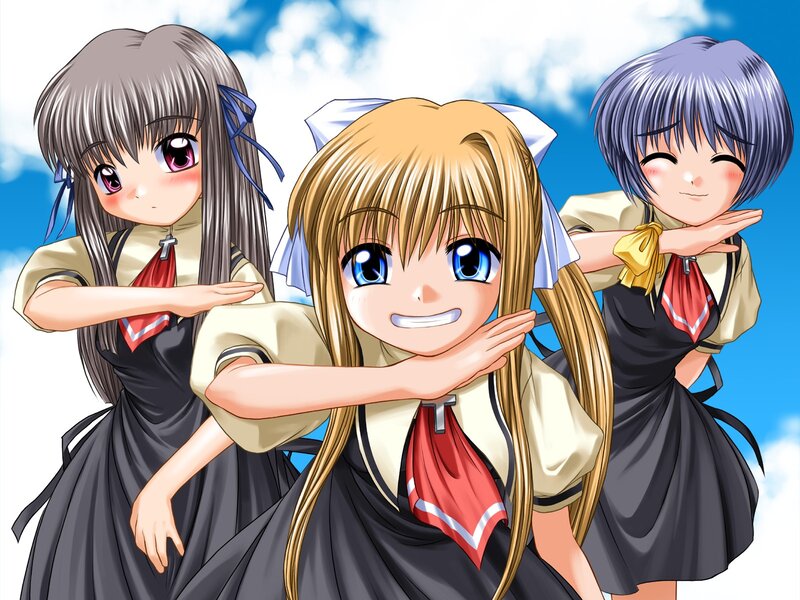 Three anime girls in school uniforms