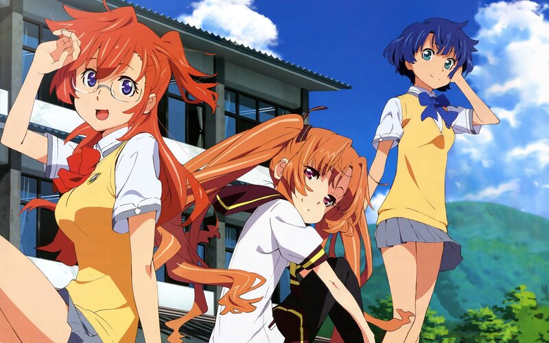 Three anime girls in school uniforms