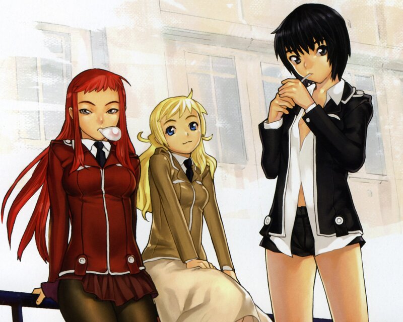 three anime girls in school uniforms