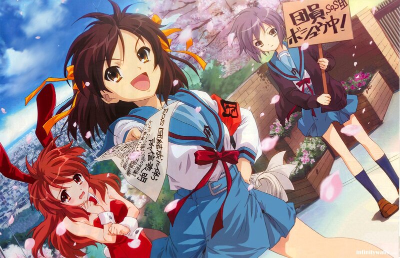 Three Anime Girls in School Uniforms — Blue, Energetic, Spring