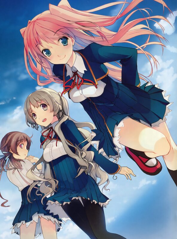 Three Anime Girls in School Uniforms — Blue, Playful, Afternoon