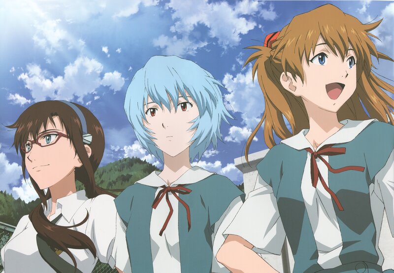 Three Anime Girls in School Uniforms — Blue, Serene, Afternoon, School Uniform, Blue Sky, Clouds