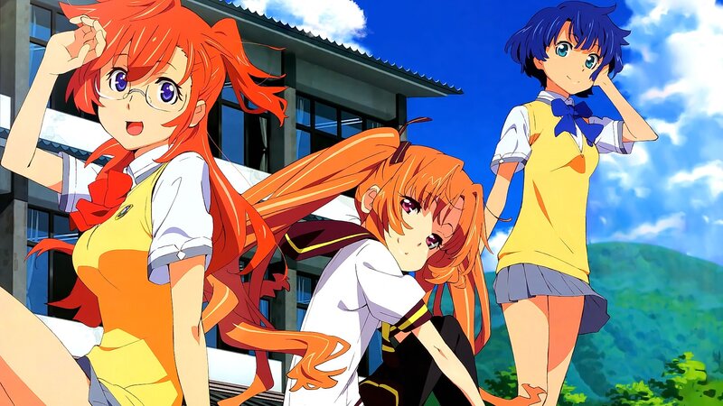 Three Anime Girls in School Uniforms — Orange, Cheerful