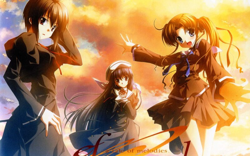 Three Anime Girls in School Uniforms — Orange, Dramatic, Sunset