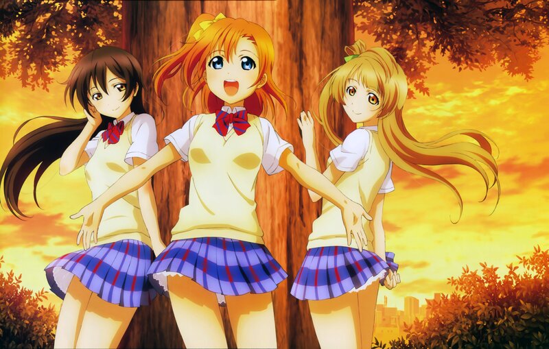 Three Anime Girls in School Uniforms — Orange