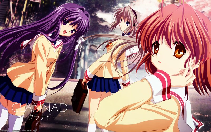 Three Anime Girls in School Uniforms — Purple, Dramatic, Afternoon