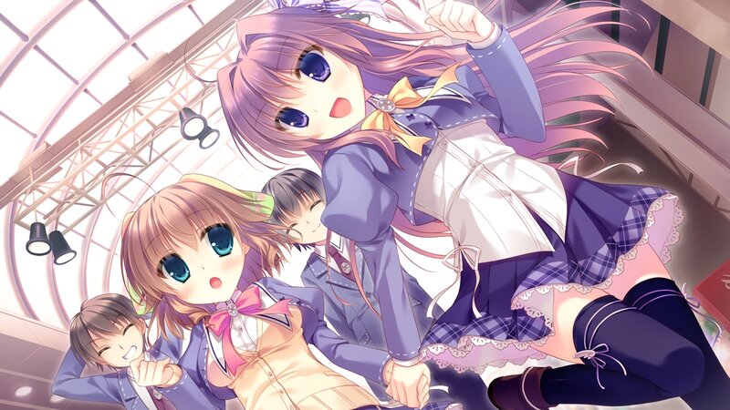 Three Anime Girls in School Uniforms — Purple, Playful, School Uniform
