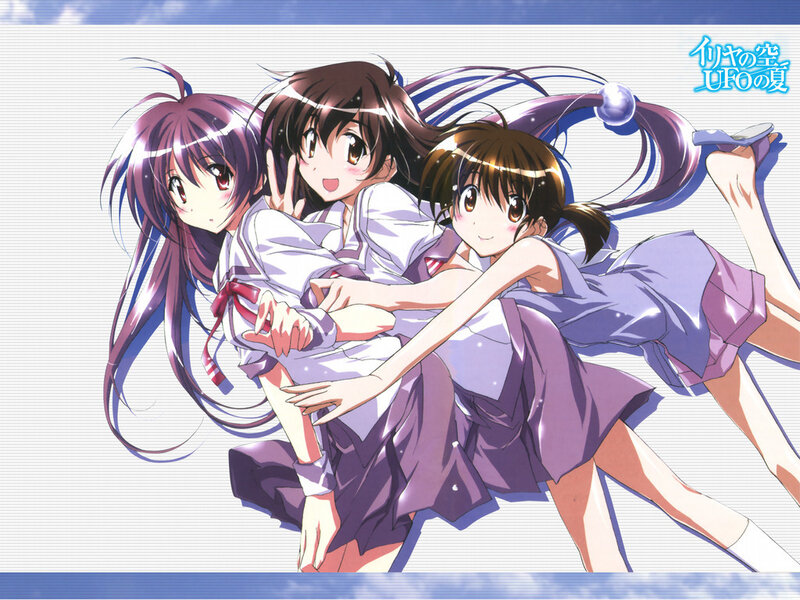 Three Anime Girls in School Uniforms — Purple, Playful, Summer