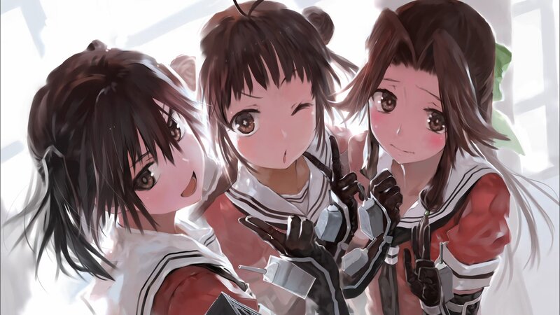 Three Anime Girls in School Uniforms — White, Cheerful, School Uniform