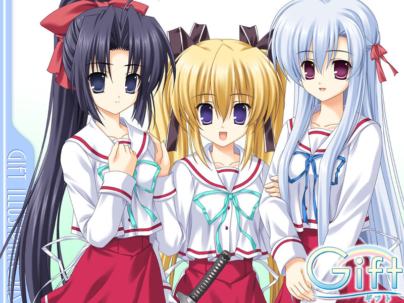 Three Anime Girls in School Uniforms — White, Cheerful