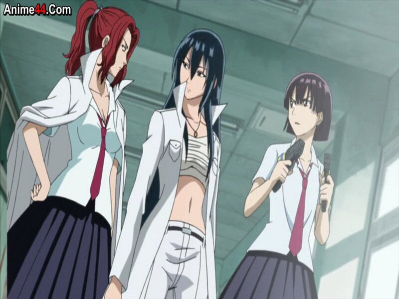 Three Anime Girls in School Uniforms — White, Serious