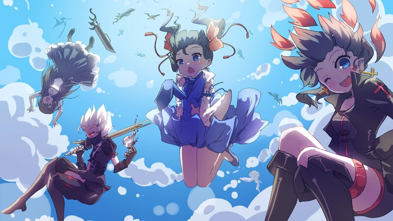 Three Anime Girls in Sky