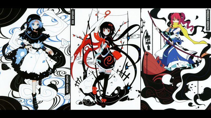 Three anime girls in stylized art