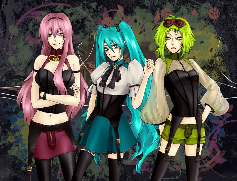 three anime girls in stylized outfits