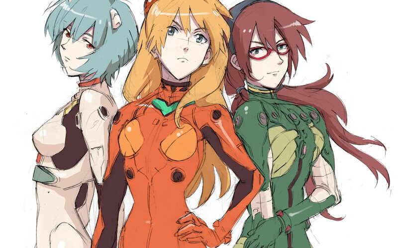 three anime girls in suits