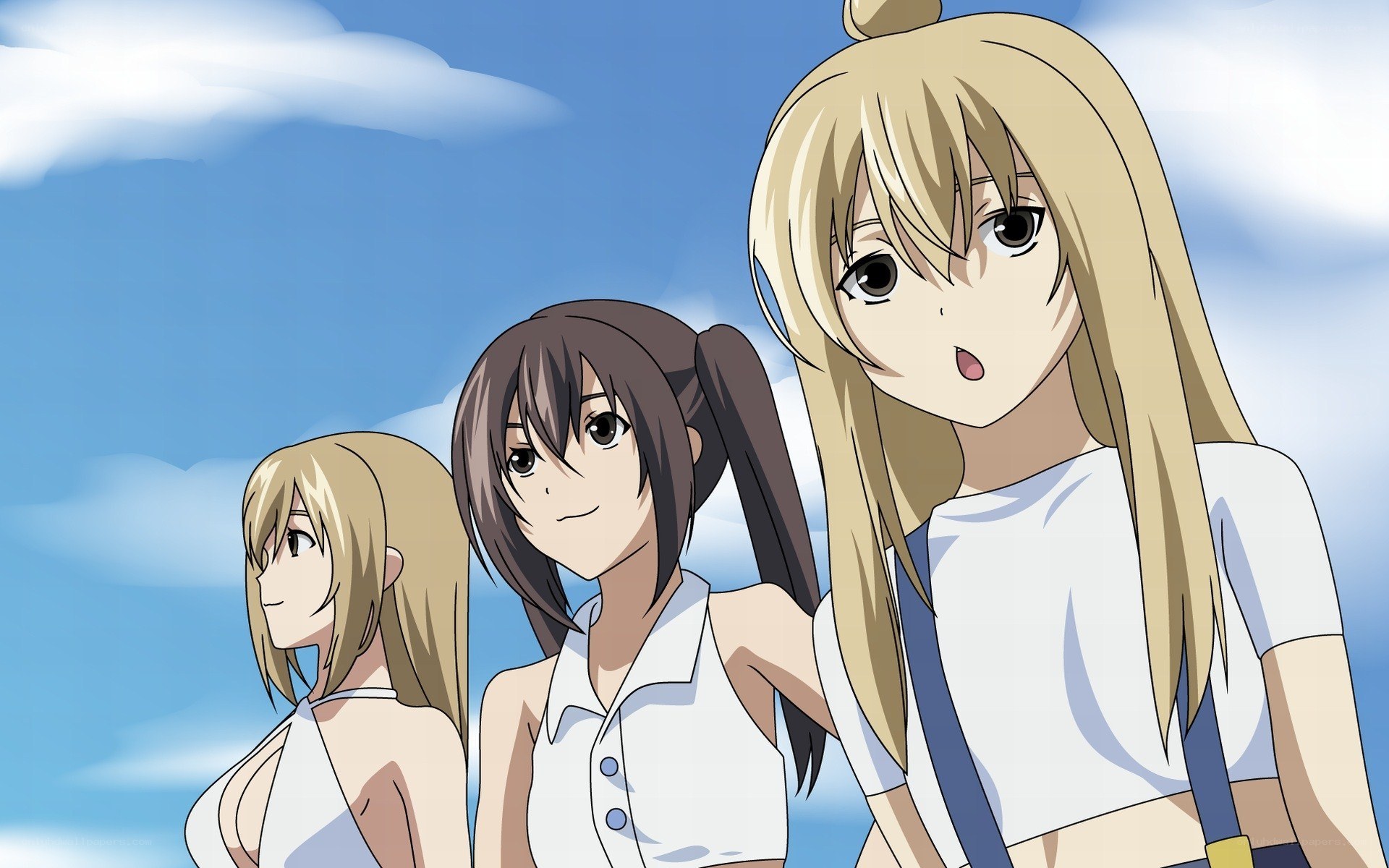 three anime girls in summer clothes