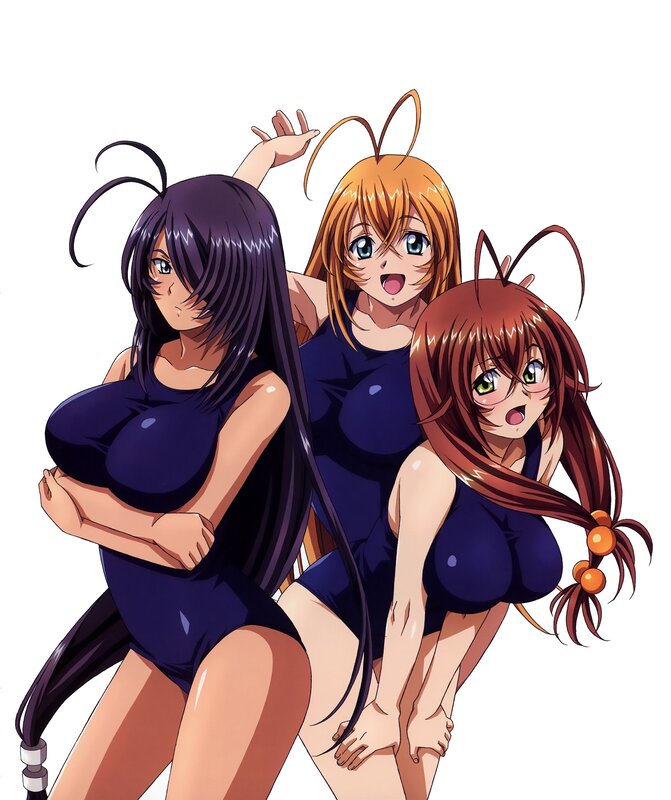 three anime girls in swimsuits