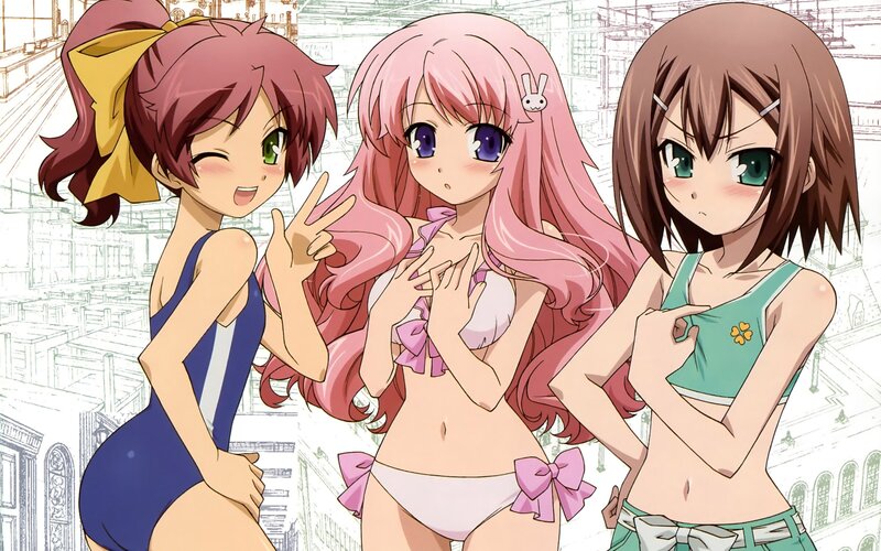 three anime girls in swimsuits