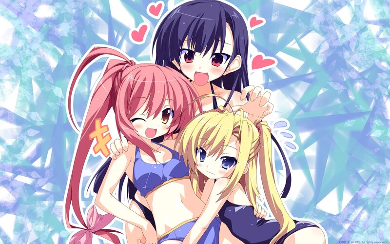 Three anime girls in swimsuits