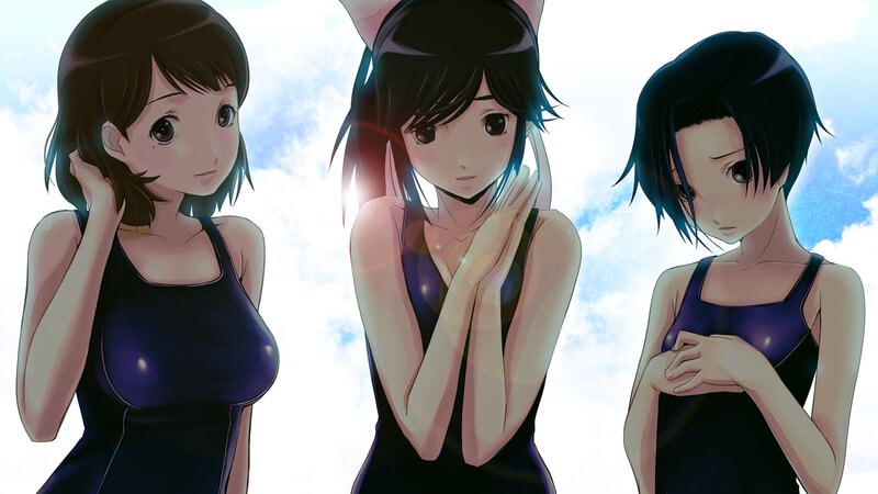 three anime girls in swimsuits