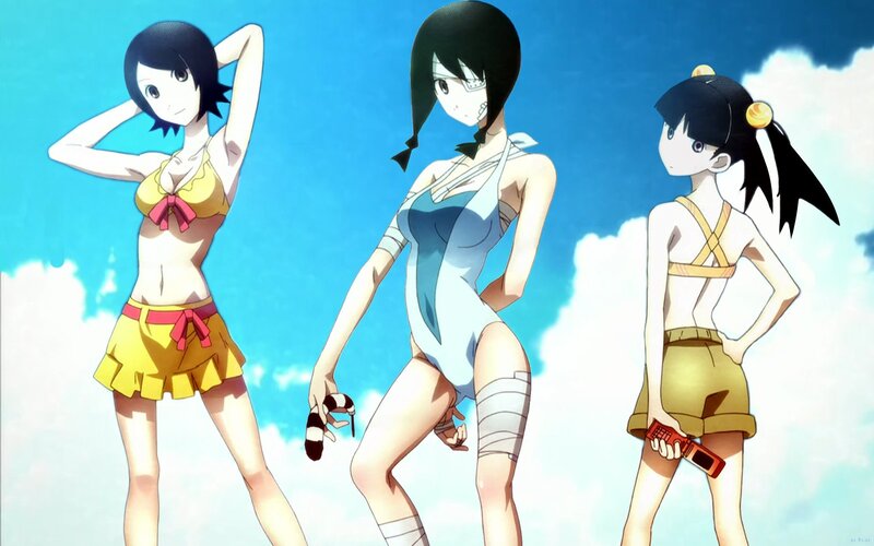 three anime girls in swimsuits