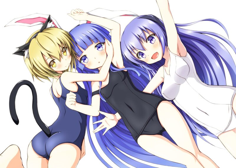 three anime girls in swimsuits