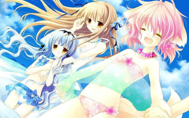 Three anime girls in swimsuits