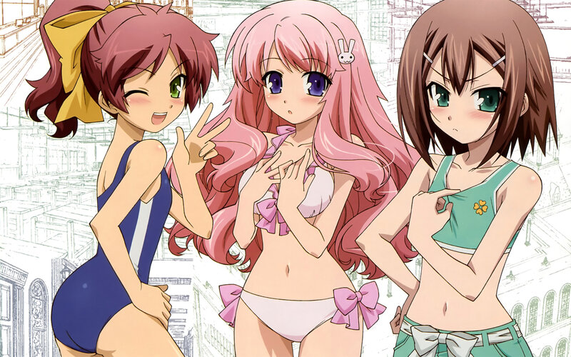 three anime girls in swimsuits
