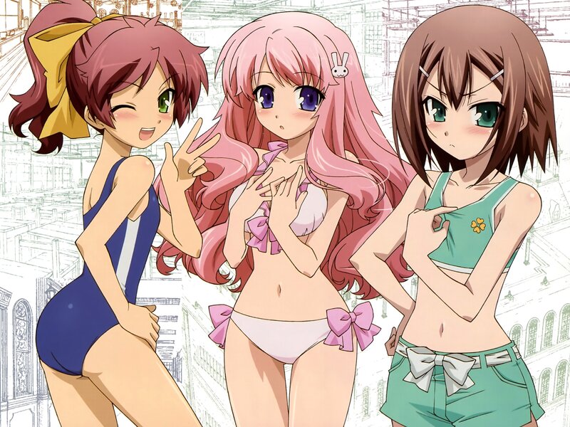 Three anime girls in swimsuits