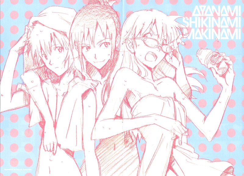 three anime girls in swimsuits