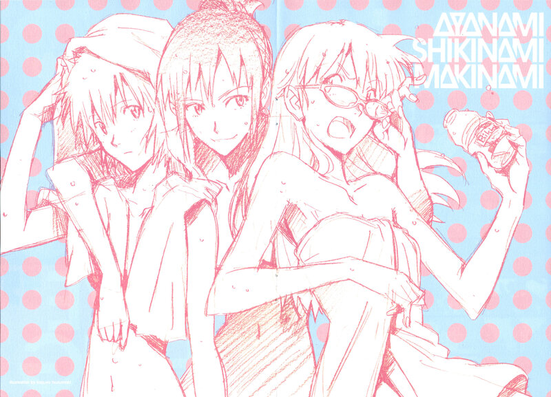 Three anime girls in swimsuits