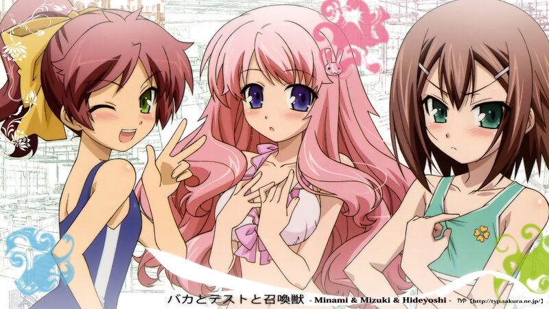 Three anime girls in swimsuits
