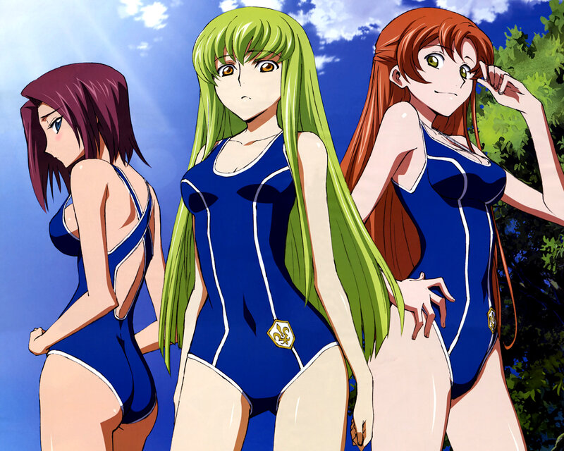 Three Anime Girls in Swimsuits — Blue, Bright