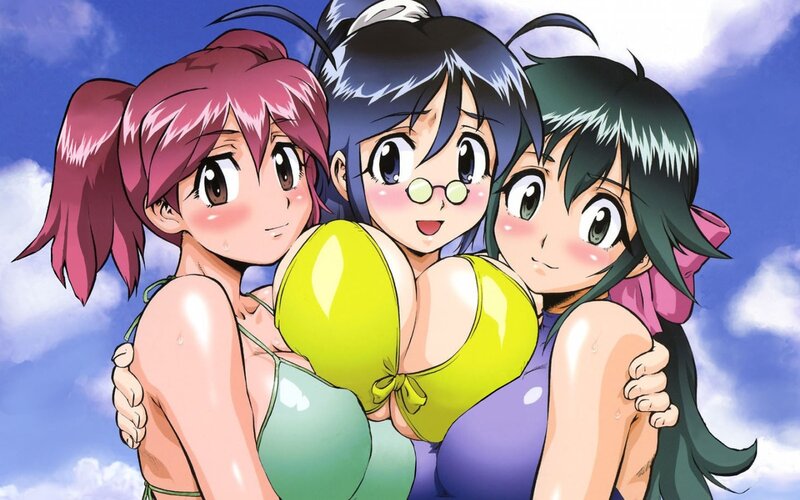 Three Anime Girls in Swimsuits — Blue, Cheerful, Afternoon
