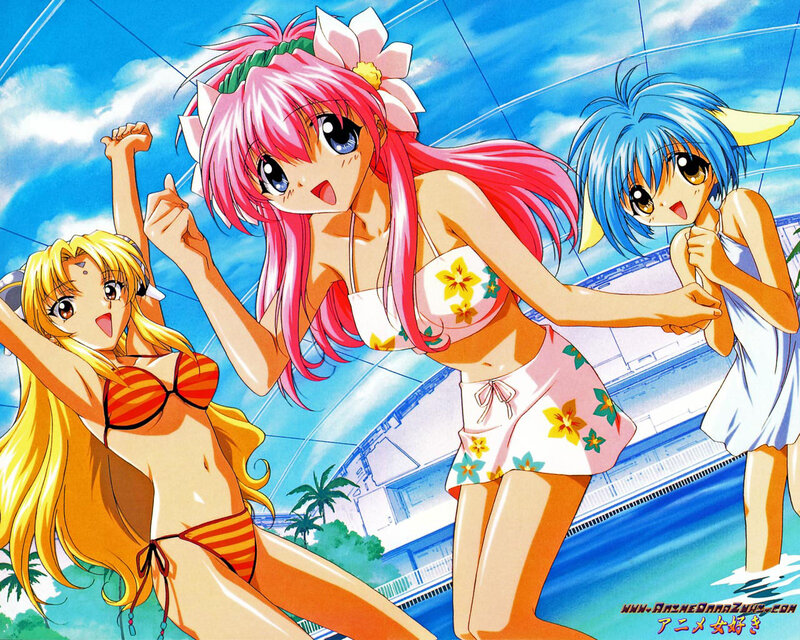 Three Anime Girls in Swimsuits — Blue, Cheerful
