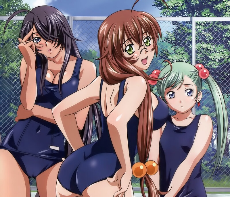 Three Anime Girls in Swimsuits — Blue, Playful, Afternoon