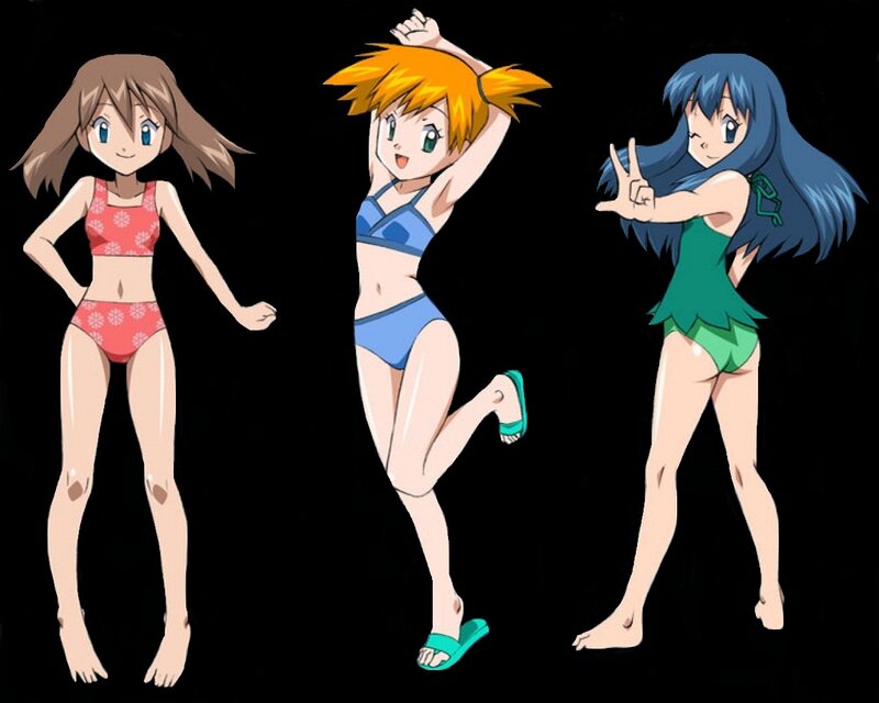 Three Anime Girls in Swimsuits — Blue, Playful, Sandal